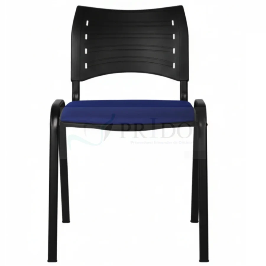Vista frontal de silla de oficina sin brazos con asiento azul, respaldo de polipropileno negro y base metálica.