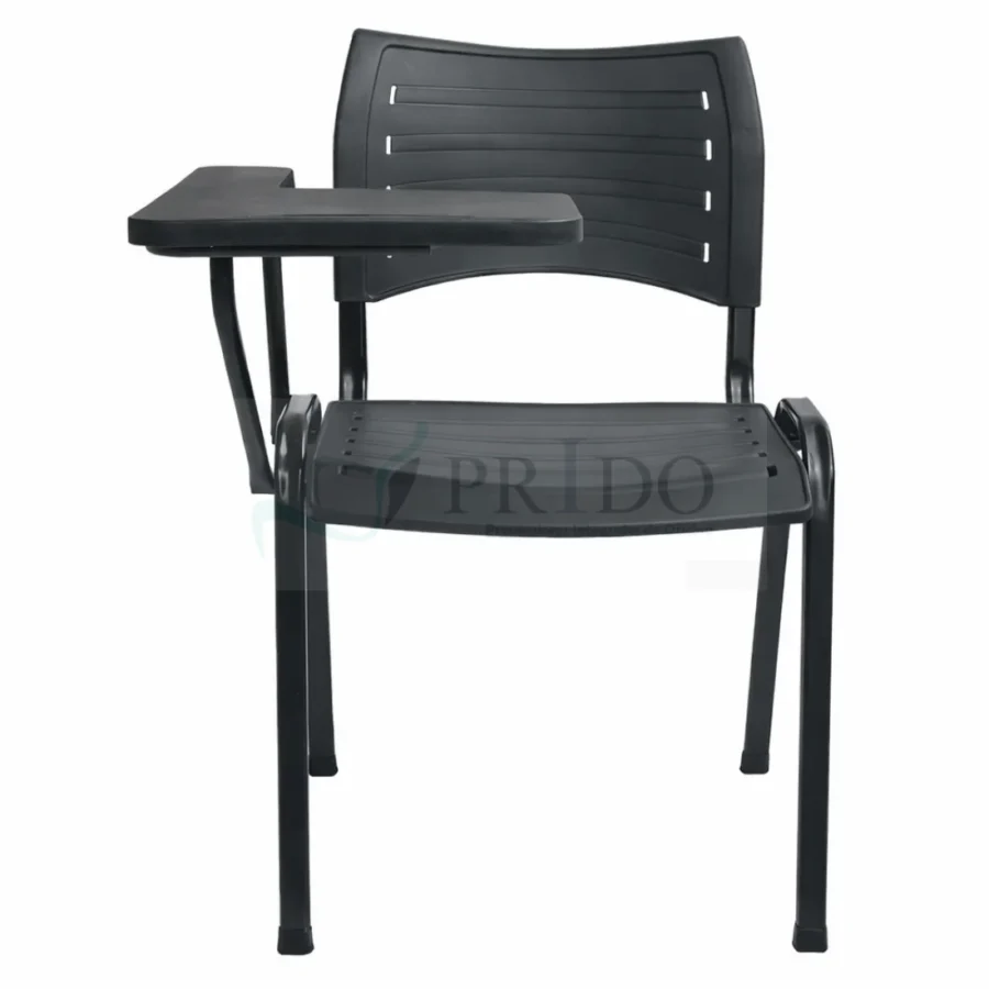 Silla universitaria negra con paleta para escribir de frente sobre estructura metálica resistente.