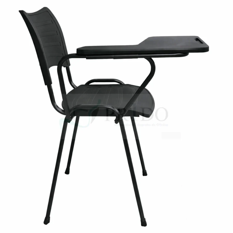 Vista de perfil de silla universitaria negra con paleta de estudio extendida y patas con topes.