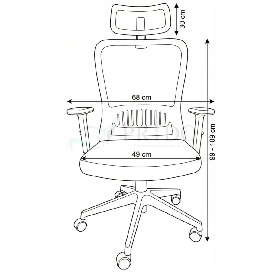 Esquema técnico de silla de oficina ergonómica Eko Ergo con medidas de altura, ancho y profundidad.