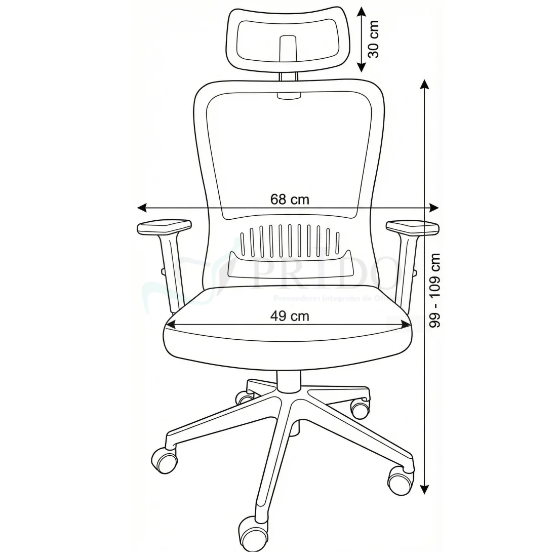 Esquema técnico de silla de oficina ergonómica Eko Ergo con medidas de altura, ancho y profundidad.