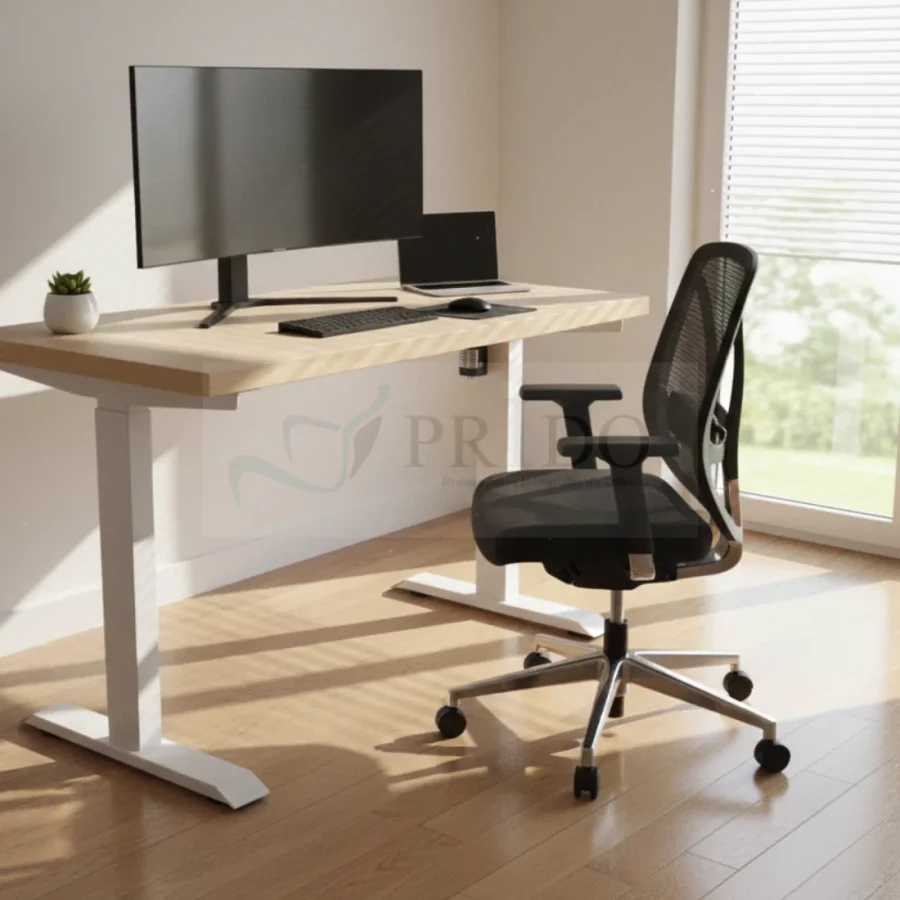 Escritorio de oficina ajustable en altura con cubierta de madera clara y monitor ultra ancho en ambiente home office.