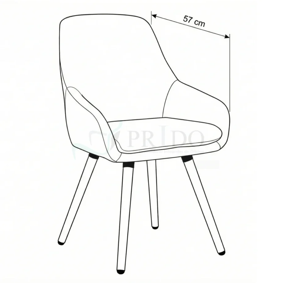 Perspectiva lateral de poltrona para oficina con indicación de 57 cm de profundidad y patas de madera.