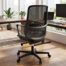 Silla de oficina ergonómica negra con respaldo de malla en ambiente de trabajo con escritorio de madera y ventanal.
