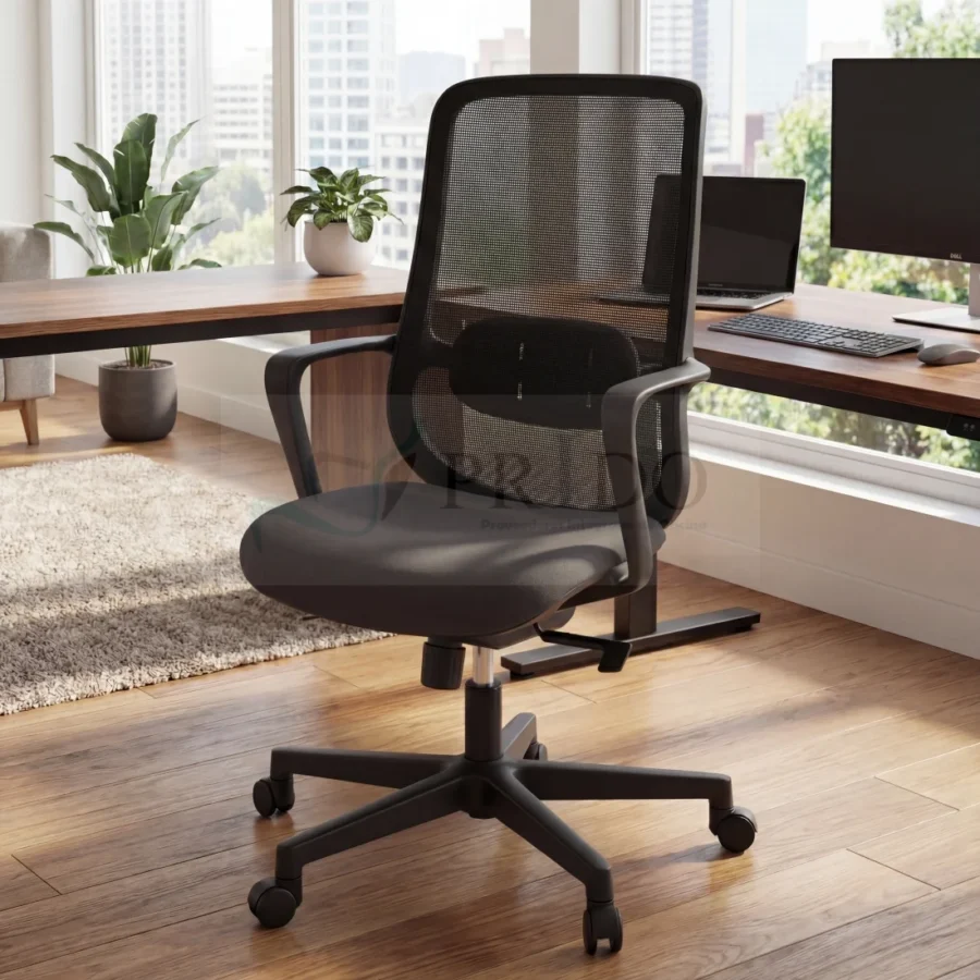 Silla de oficina giratoria con soporte lumbar en oficina moderna iluminada frente a escritorio con computadora.