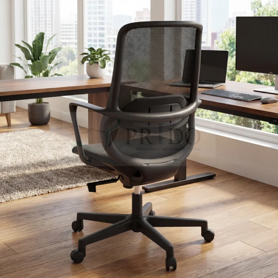 Silla de oficina ergonómica negra con respaldo de malla en ambiente de trabajo con escritorio de madera y ventanal.