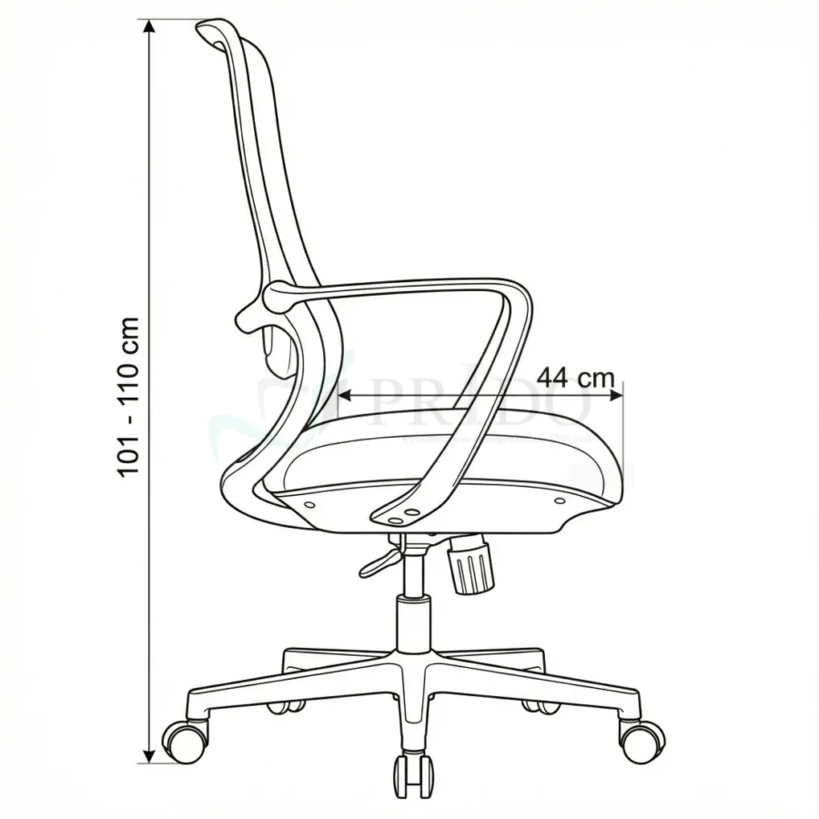 Plano lateral de silla de escritorio con dimensiones de profundidad de asiento de 44 cm y altura total regulable.