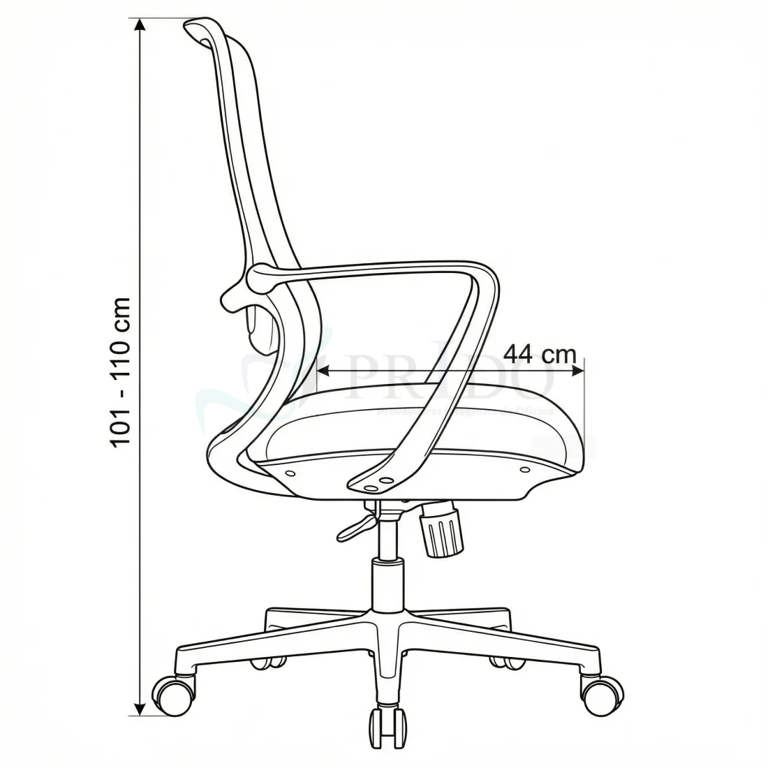 Plano lateral de silla de escritorio con dimensiones de profundidad de asiento de 44 cm y altura total regulable.