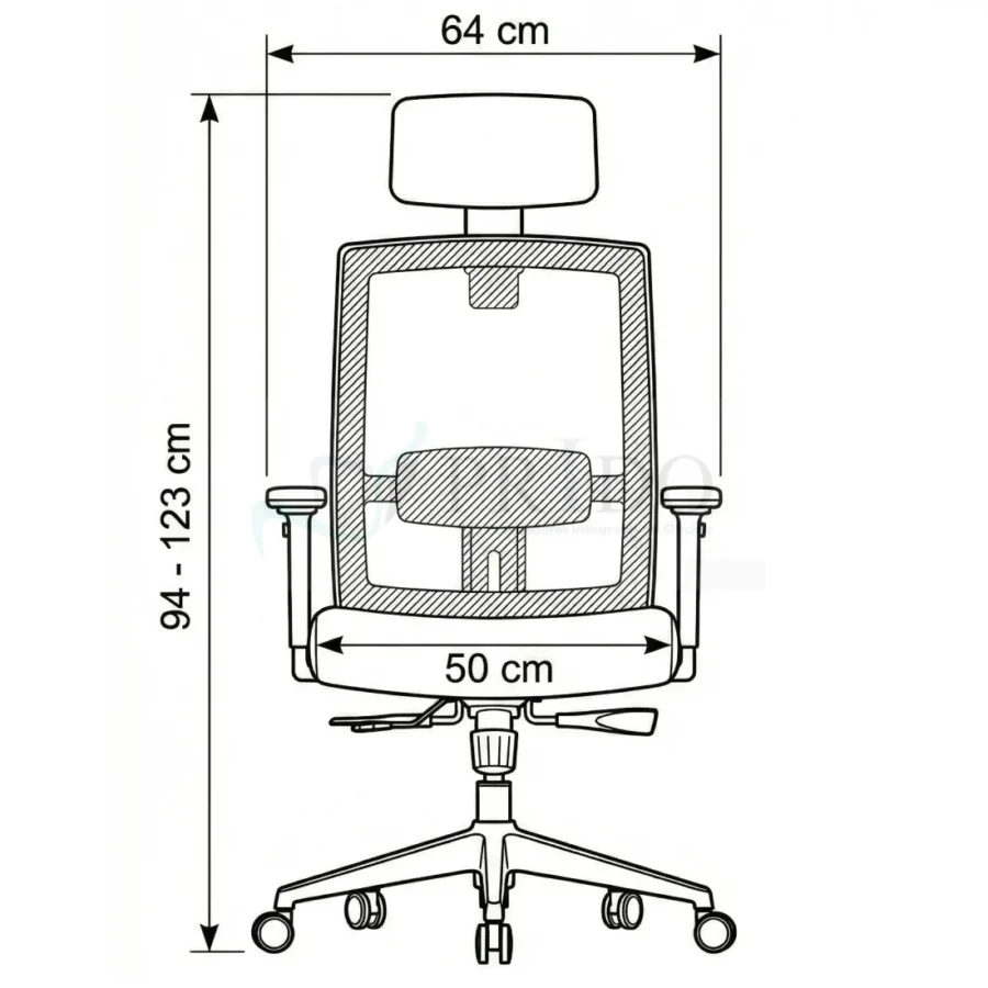Silla de oficina ergonómica vista frontal con medidas de ancho y altura ajustable de respaldo y cabezal.