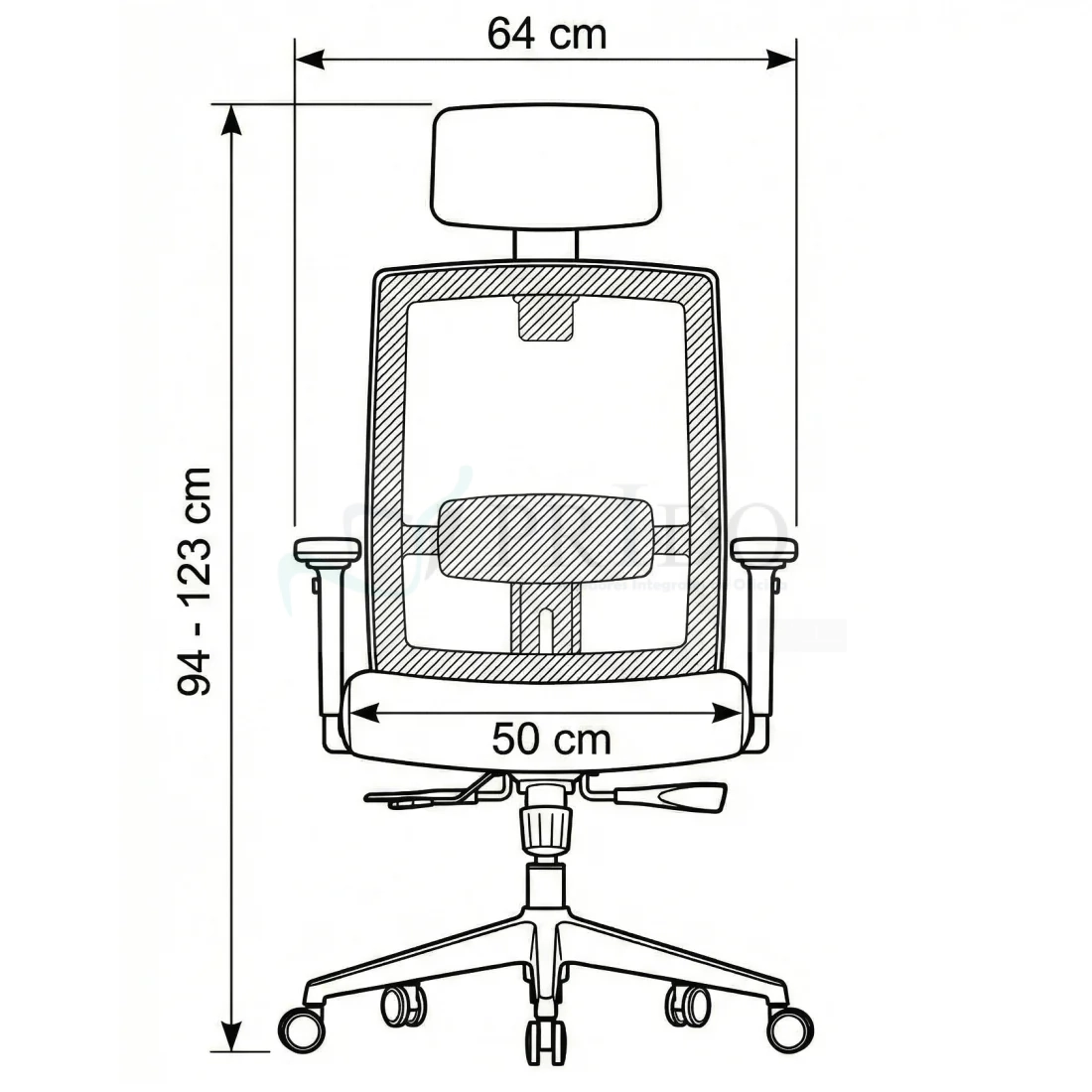 Silla de oficina ergonómica vista frontal con medidas de ancho y altura ajustable de respaldo y cabezal.