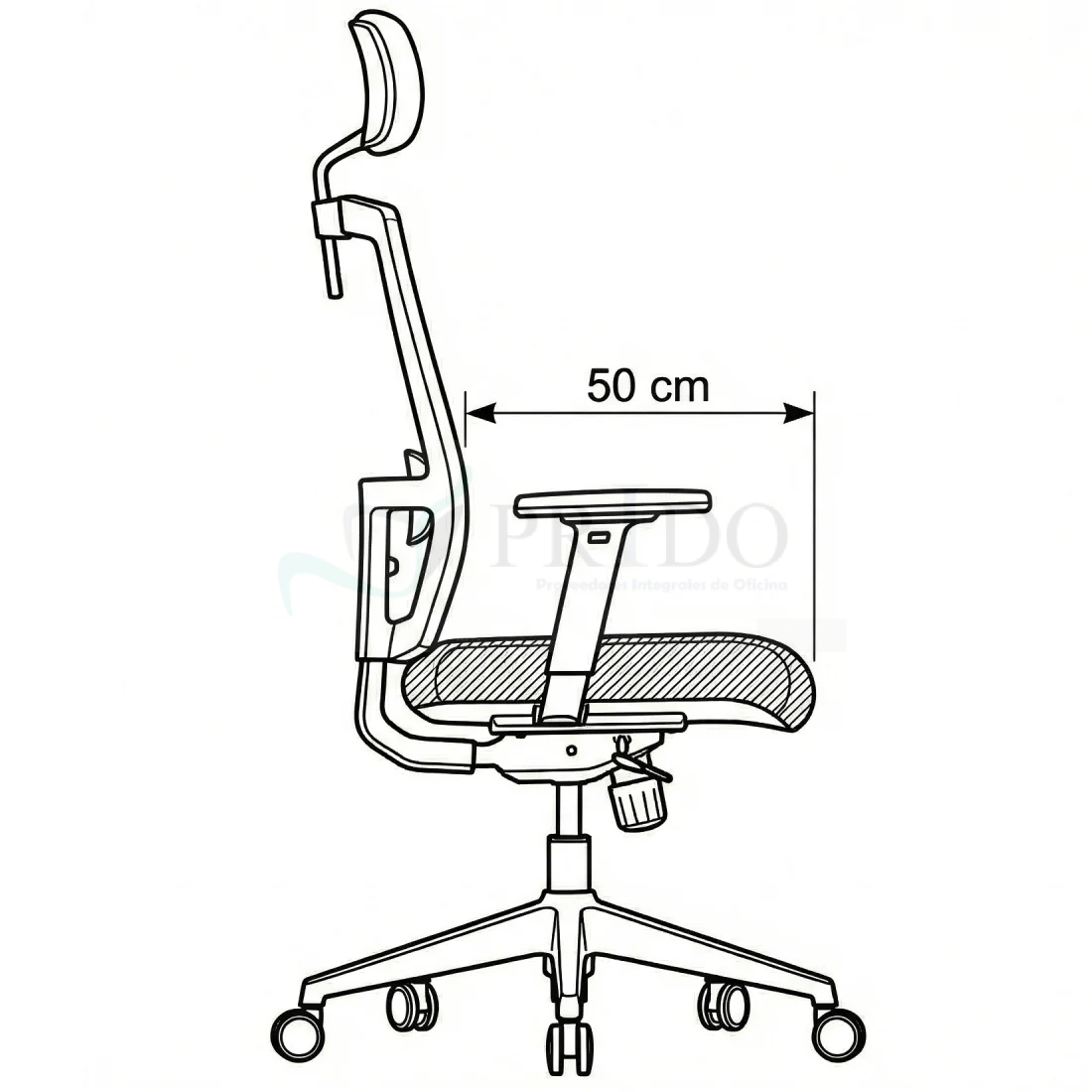 Silla de oficina ergonómica vista lateral detallando profundidad del asiento y diseño de respaldo ajustable.