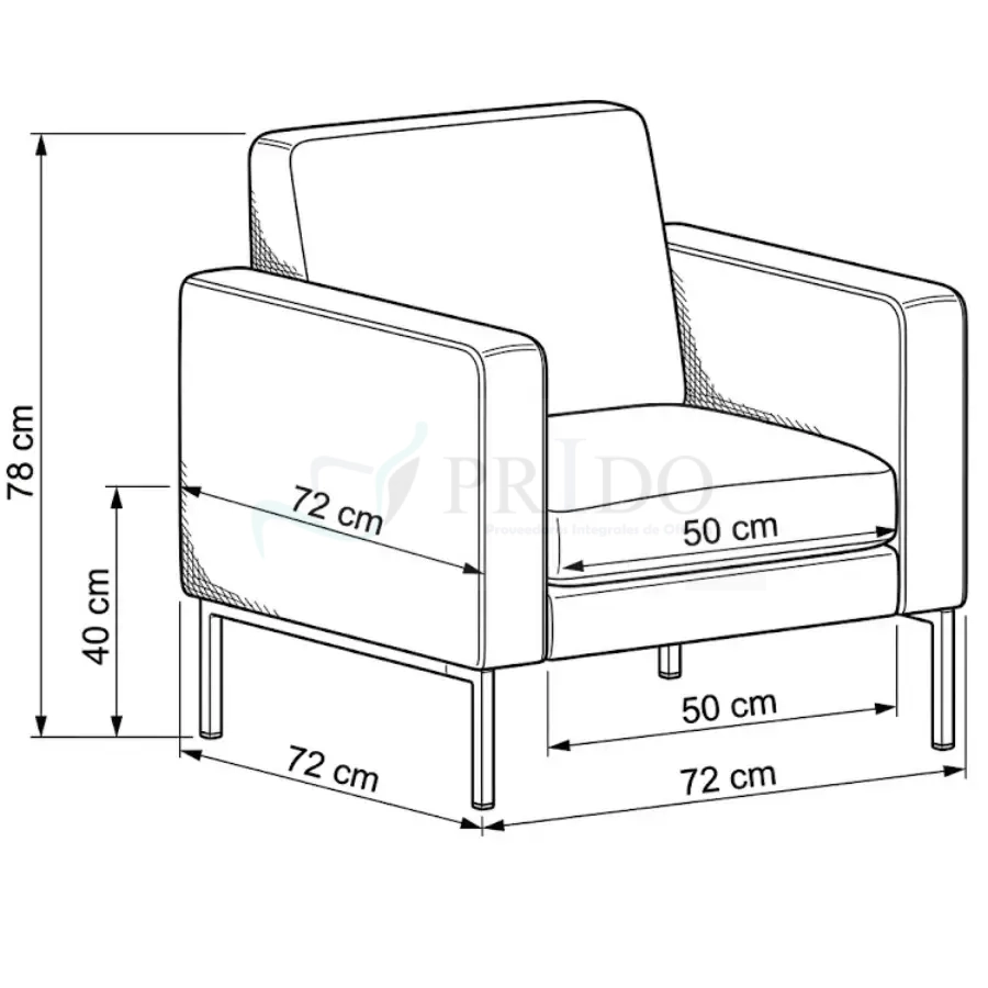 Diagrama técnico de sillón individual para oficina con dimensiones en centímetros, ancho total de 72 cm, profundidad de 72 cm, altura total de 78 cm y altura del asiento de 40 cm, asiento útil de 50 cm de ancho y profundidad, diseño moderno con apoyabrazos rectos y estructura elevada con patas metálicas, ideal para espacios de recepción, salas de espera o cowork en Chile.