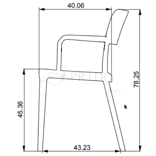 Plano técnico lateral de silla plástica con apoyabrazos integrados, mostrando dimensiones: profundidad total de 43,23 cm, profundidad del asiento de 40,06 cm, altura total de 78,25 cm y altura del asiento de 45,36 cm. Diseño ergonómico de una sola pieza con respaldo levemente inclinado, ideal para oficinas, salas de espera o espacios educativos en Chile.