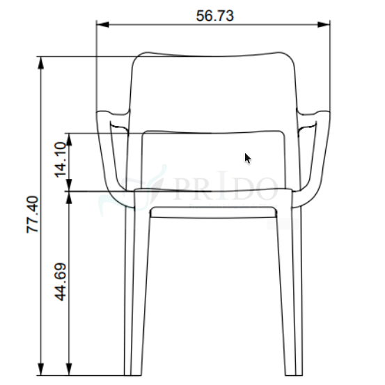 Plano técnico frontal de silla plástica con apoyabrazos integrados, mostrando dimensiones: ancho total de 56,73 cm, altura total de 77,40 cm y altura del asiento de 44,69 cm, además de separación vertical de 14,10 cm entre asiento y apoyabrazos. Diseño moderno de una sola pieza, ideal para uso en oficinas, salas de espera o espacios educativos en Chile.