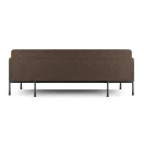Sofá de tres cuerpos tapizado en tela color café oscuro con diseño minimalista y respaldo recto, estructura elevada con patas metálicas negras delgadas, ideal para oficinas modernas y salas de espera en Chile, aislado sobre fondo blanco.