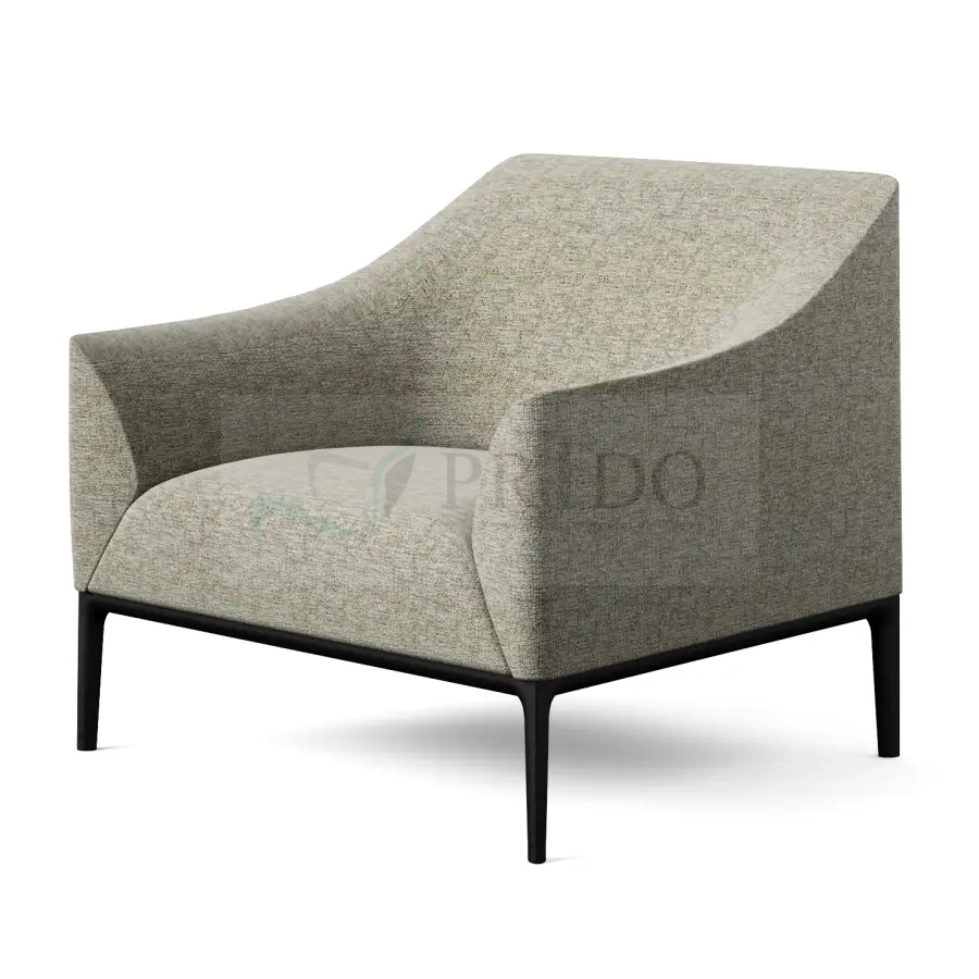 Butaca moderna tapizada en tela texturizada gris con diseño envolvente y base metálica negra, ideal para espacios de descanso en oficinas, salas de reuniones o áreas lounge.