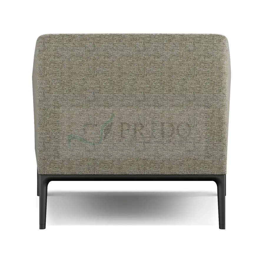 Sillón individual tapizado en tela gris verdosa con respaldo envolvente y patas metálicas negras, diseño moderno ideal para salas de espera, oficinas ejecutivas o espacios cowork en Chile.