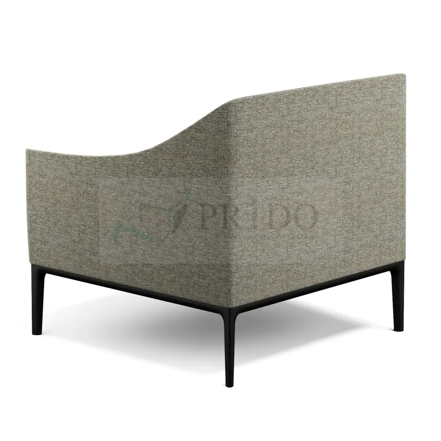 Sillón lounge de diseño curvo con respaldo continuo tapizado en tela gris, estructura metálica negra y líneas minimalistas, perfecto para ambientes corporativos modernos en Chile.
