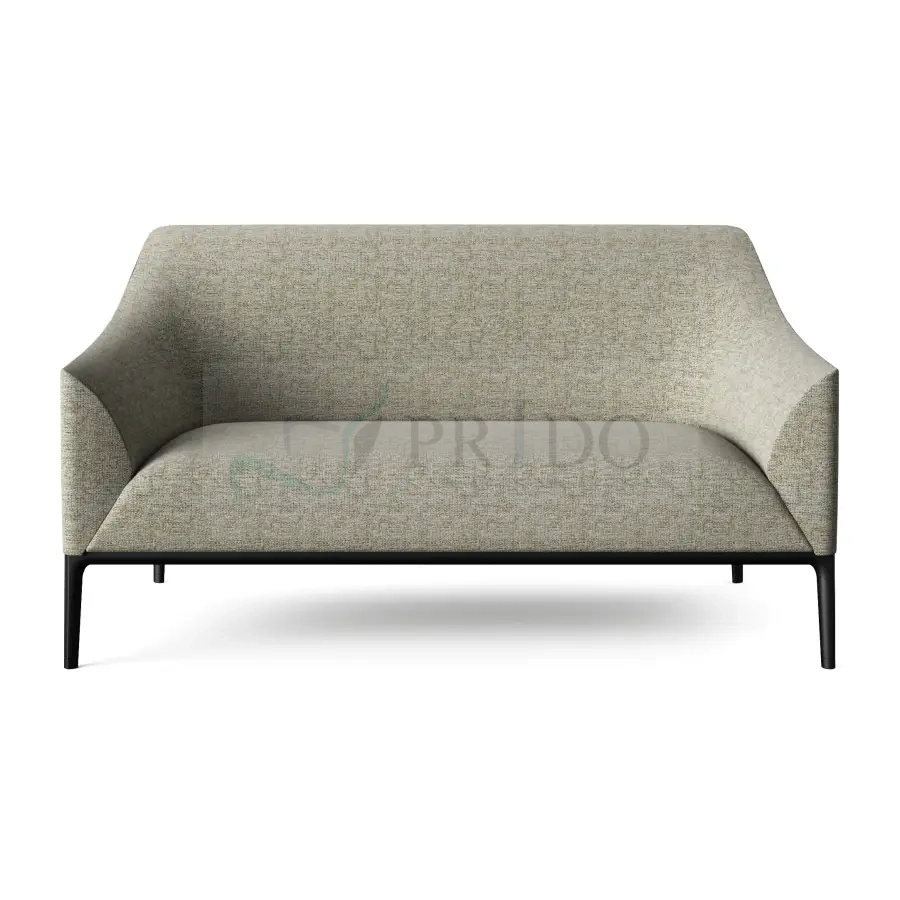 Vista frontal de sofá de oficina de dos plazas en color beige, tapizado en tela texturizada, con diseño ergonómico de líneas suaves y patas metálicas negras, perfecto para salas de espera y recepciones.
