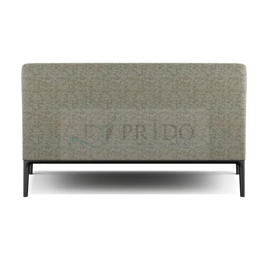 Vista trasera de sofá de oficina moderno de dos cuerpos en color beige, tapizado en tela texturizada, con respaldo recto y patas metálicas negras delgadas, diseño minimalista ideal para salas de espera y espacios corporativos en Chile.