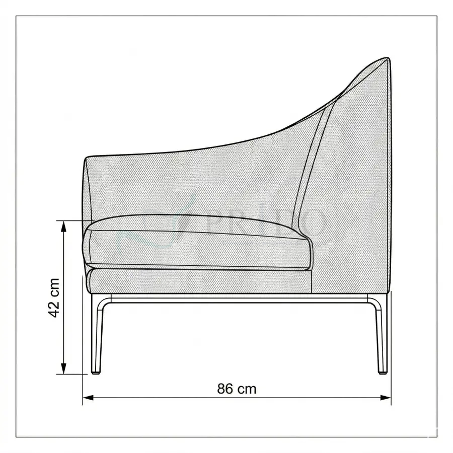 Plano técnico lateral de sofá moderno de oficina con profundidad de 86 cm y altura del asiento de 42 cm, diseño ergonómico con respaldo inclinado y apoyabrazos integrados, base con patas metálicas, ideal para salas de espera y recepción en Chile.