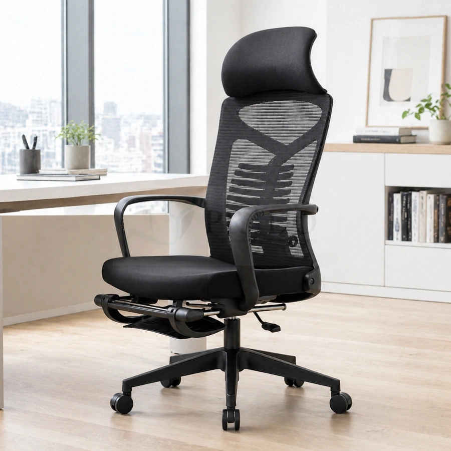 Silla ejecutiva ergonómica Opus negra con respaldo de malla, apoyacabeza, reposabrazos y ruedas, ubicada en oficina moderna con escritorio y ventanal.