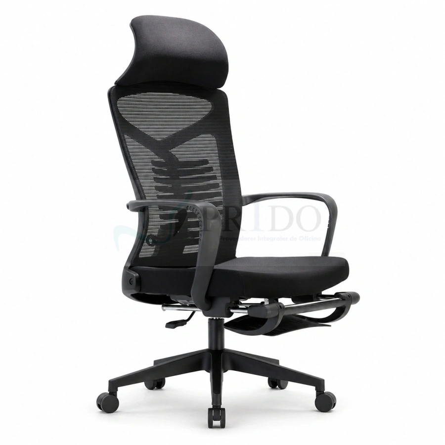 Silla de escritorio Opus negra con asiento acolchado, respaldo alto de malla, soporte lumbar, apoyacabeza y ruedas para oficina ejecutiva.