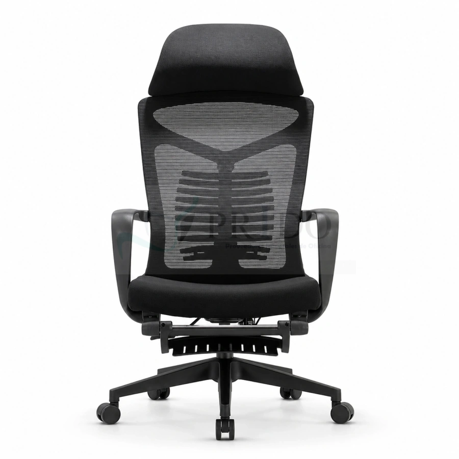 Vista frontal de silla ejecutiva Opus negra con respaldo de malla transpirable, soporte lumbar curvo, apoyacabeza y reposabrazos para oficina.