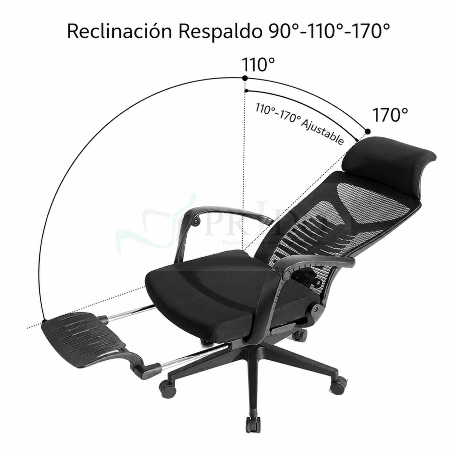 Silla ejecutiva Opus reclinable negra con apoyapiés extensible, respaldo ajustable de 90, 110 y 170 grados, ideal para oficina en Chile.