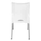 Silla blanca de diseño moderno con respaldo alto curvado y acabado liso, detalle de apertura inferior en el respaldo, patas metálicas delgadas en tono aluminio, vista posterior que destaca su estilo minimalista y funcional para oficinas y comedores en Chile.