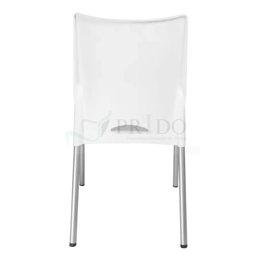 Silla blanca de diseño moderno con respaldo alto curvado y acabado liso, detalle de apertura inferior en el respaldo, patas metálicas delgadas en tono aluminio, vista posterior que destaca su estilo minimalista y funcional para oficinas y comedores en Chile.