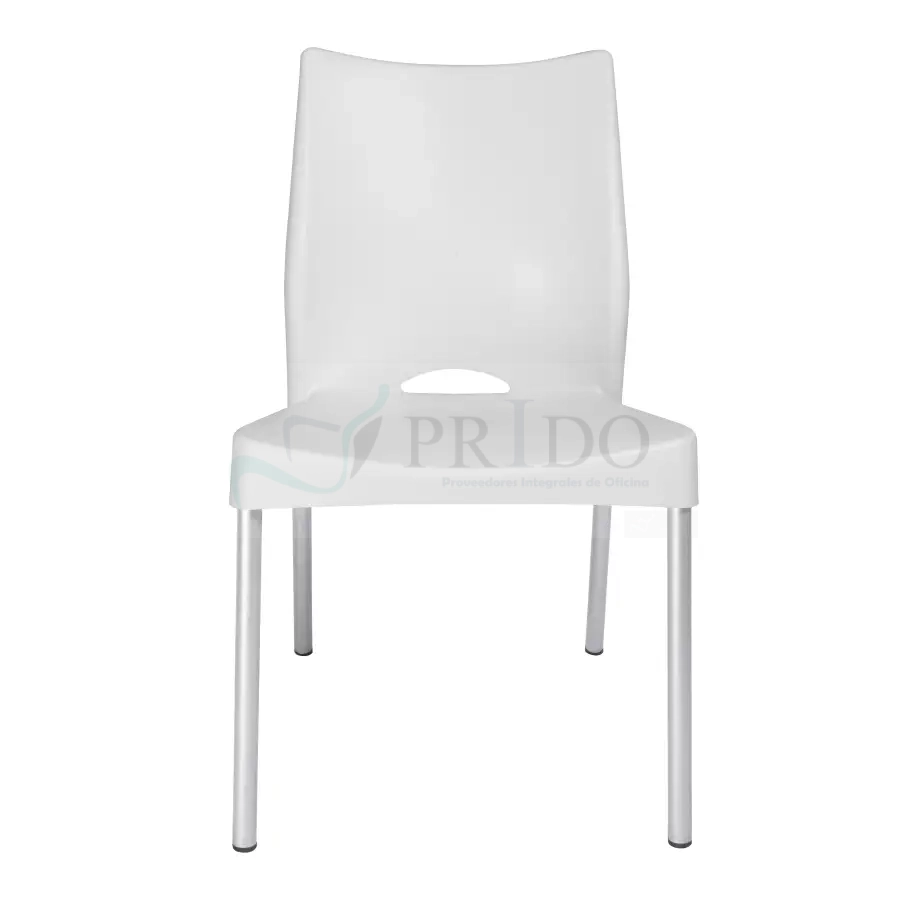 Silla moderna blanca para oficina o comedor, con respaldo alto ergonómico y superficie lisa, asiento amplio con ligera curvatura y apertura central decorativa, estructura de cuatro patas metálicas color aluminio, diseño minimalista ideal para espacios contemporáneos en Chile.