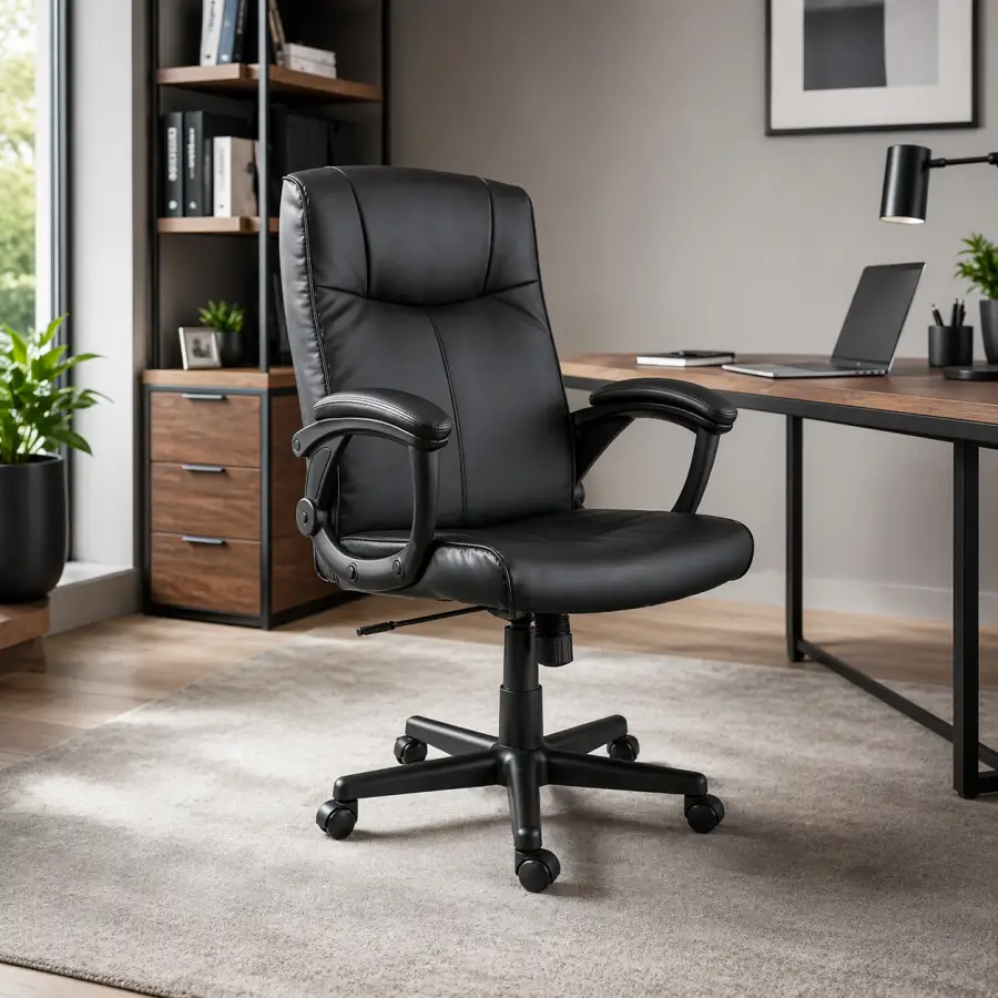 Sillón Vitto de oficina ergonómica negra con respaldo alto acolchado y tapizado tipo cuero, apoyabrazos curvos y base giratoria con ruedas, ubicada en un escritorio moderno de madera en home office. Cuenta con ajuste de altura mediante pistón a gas y diseño ejecutivo ideal para oficina o teletrabajo en Chile, combinando comodidad, soporte lumbar y estilo profesional.