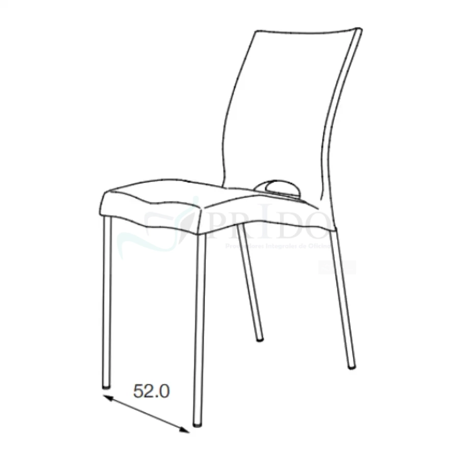 Silla de diseño moderno para oficina o comedor, con respaldo alto curvado y asiento ergonómico de líneas onduladas, estructura de cuatro patas delgadas metálicas, ilustración técnica en vista lateral con medida de ancho de 52 cm, ideal para espacios de trabajo contemporáneos en Chile.