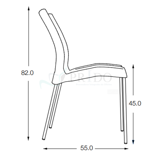 Silla moderna ergonómica para oficina o comedor, con respaldo alto ligeramente inclinado y asiento curvo, estructura de cuatro patas metálicas delgadas, ilustración técnica en vista lateral con dimensiones: 82 cm de alto total, 45 cm de altura del asiento y 55 cm de profundidad, ideal para espacios de trabajo y hogar en Chile.