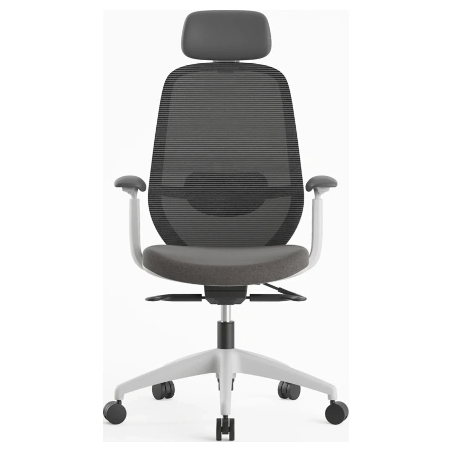Silla ejecutiva Budi gris con cabecero, malla y asiento gris, vista frontal - Prido