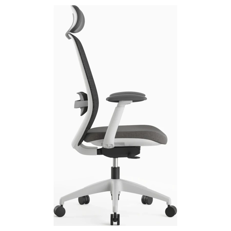 Silla ejecutiva Budi gris con cabecero, respaldo en malla, vista lateral - Prido