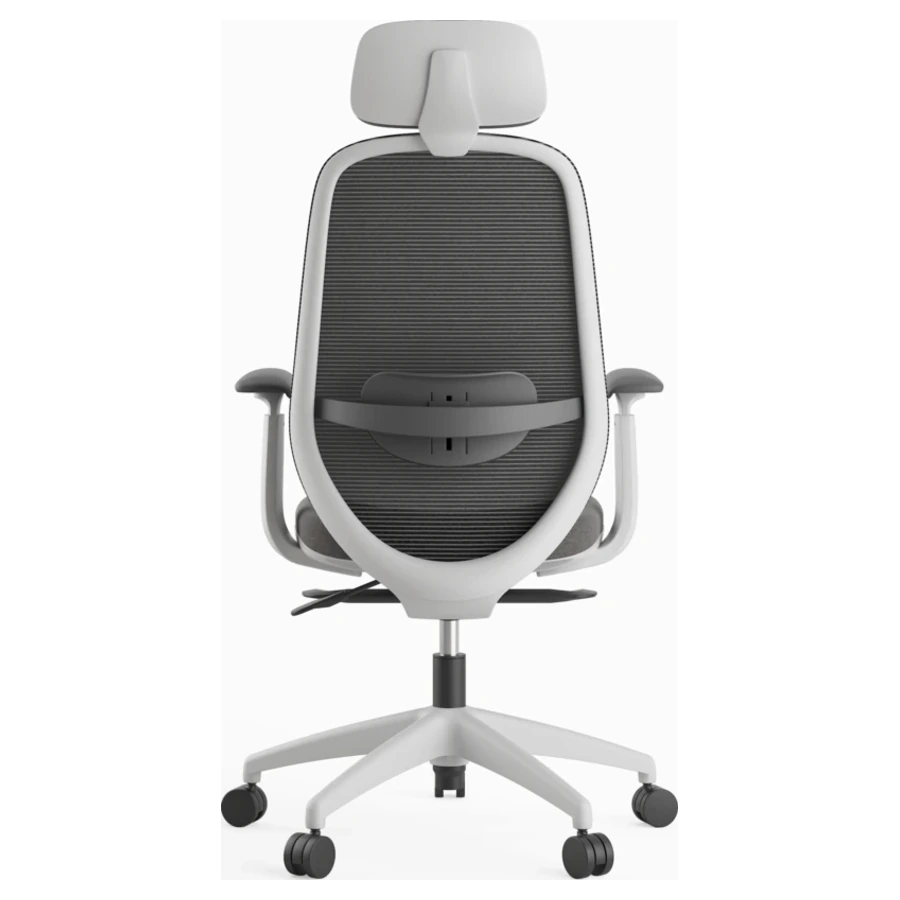 Silla ejecutiva Budi gris con cabecero, base de nylon, vista trasera - Prido