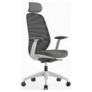 Silla ejecutiva Budi gris con cabecero y brazos 4D, vista tres cuartos - Prido