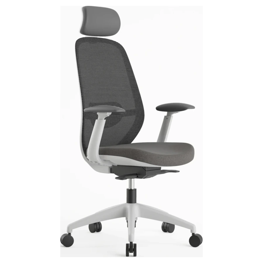 Silla ejecutiva Budi gris con cabecero y brazos 4D, vista tres cuartos - Prido