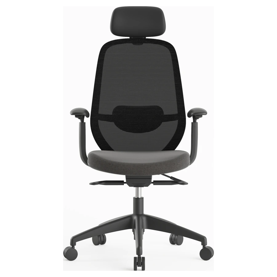 Silla ejecutiva Budi negra con cabecero, malla y asiento negro, vista frontal - Prido