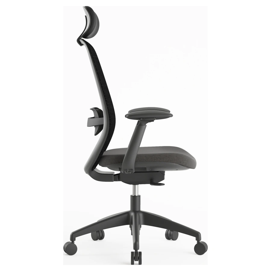Silla ejecutiva Budi negra con cabecero, respaldo alto en malla, vista lateral - Prido