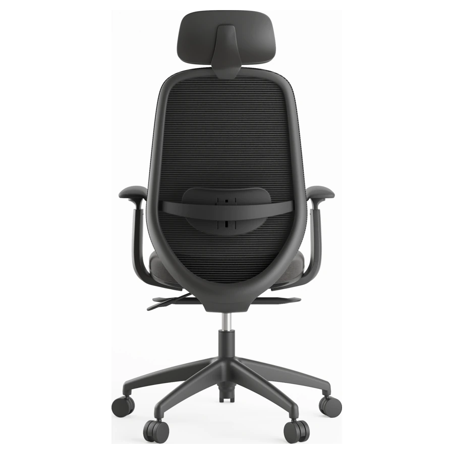 Silla ejecutiva Budi negra con cabecero, base de nylon, vista trasera - Prido