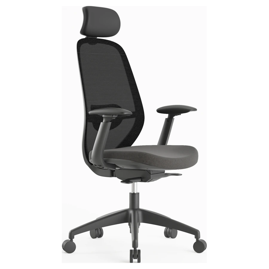 Silla ejecutiva Budi negra con cabecero y brazos 4D, vista tres cuartos - Prido