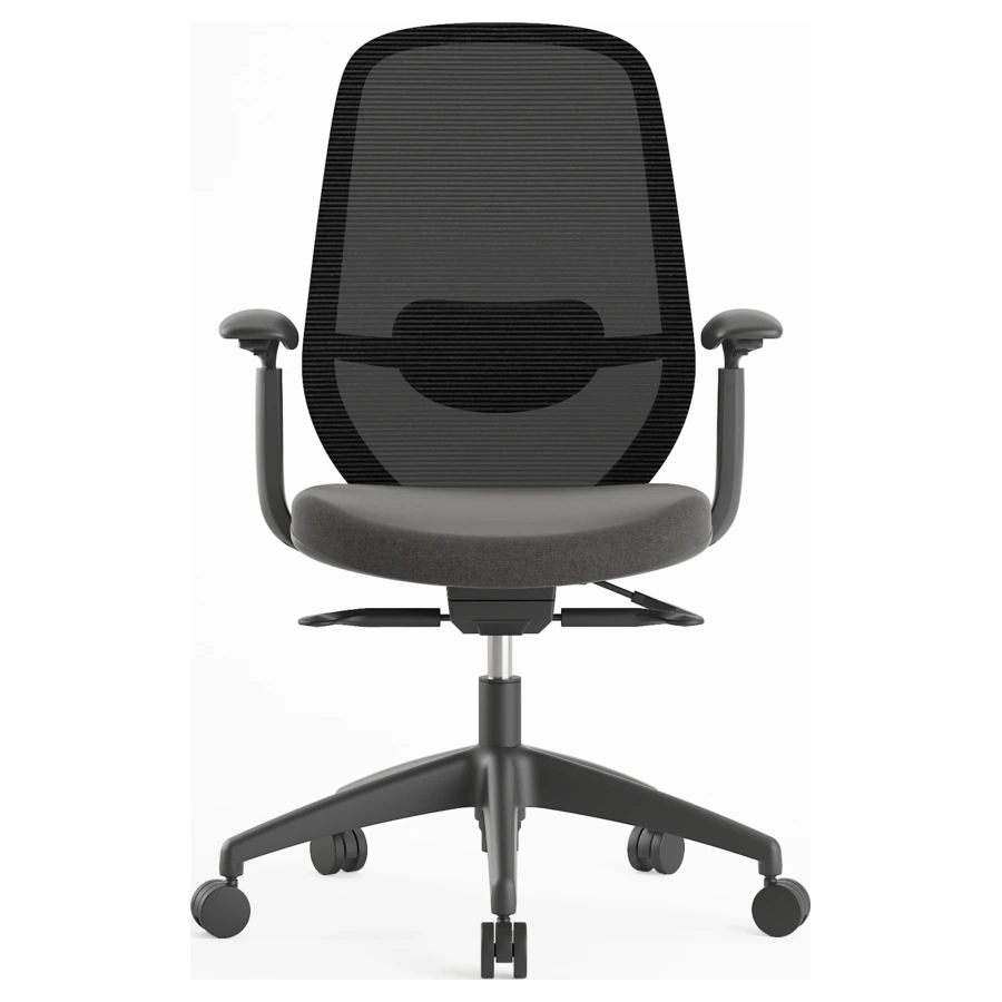 Silla ejecutiva Budi negra sin cabecero, malla y asiento negro, vista frontal - Prido