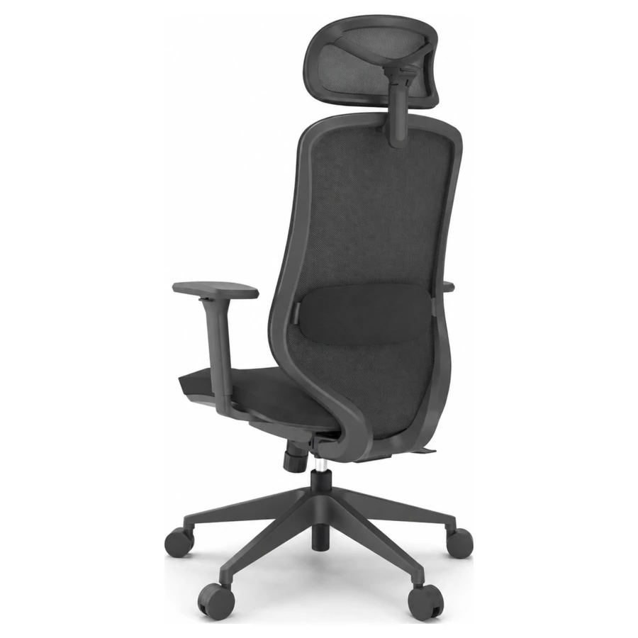 Silla ejecutiva Cadiz con cabecero, respaldo alto en malla, vista posterior tres cuartos - Prido