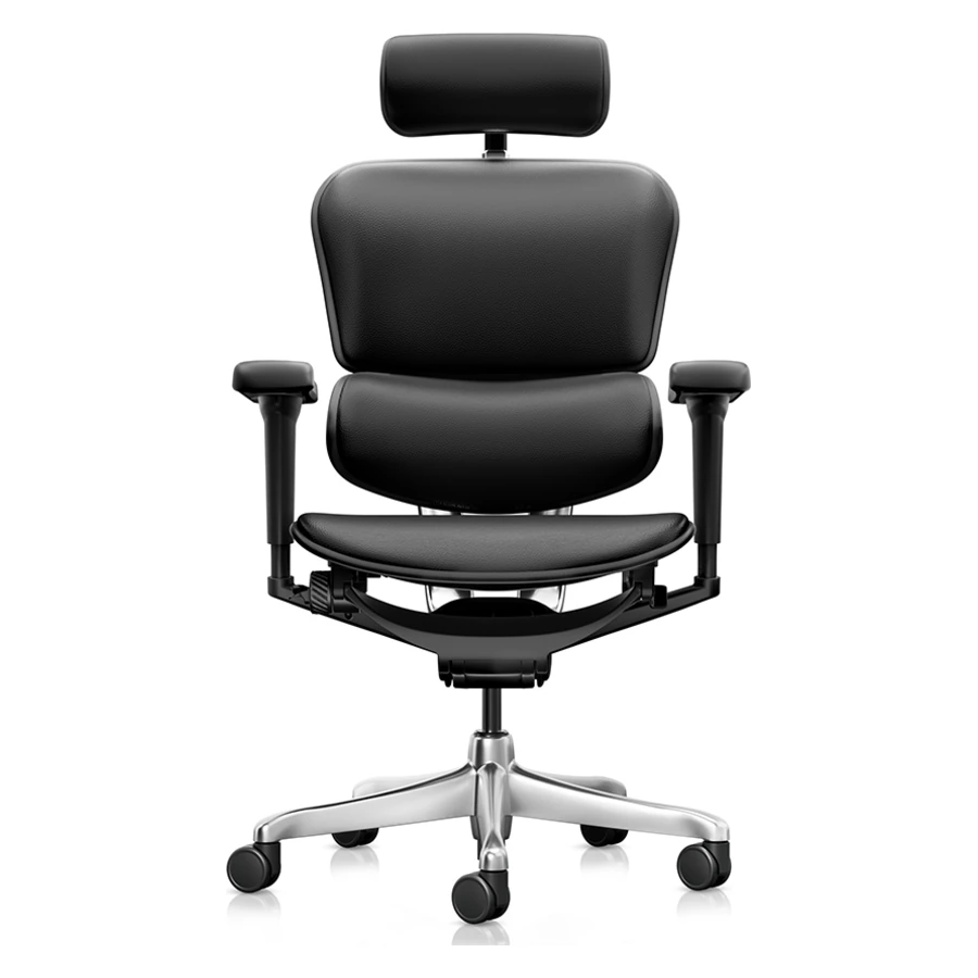 Silla Ergohuman Ultra Cuero con respaldo de malla posterior, vista tres cuartos trasera - Prido