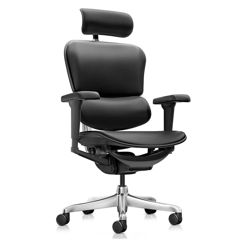 Silla ergonómica Ergohuman Ultra tapizada en cuero negro, con cabecero ajustable y base de aluminio.