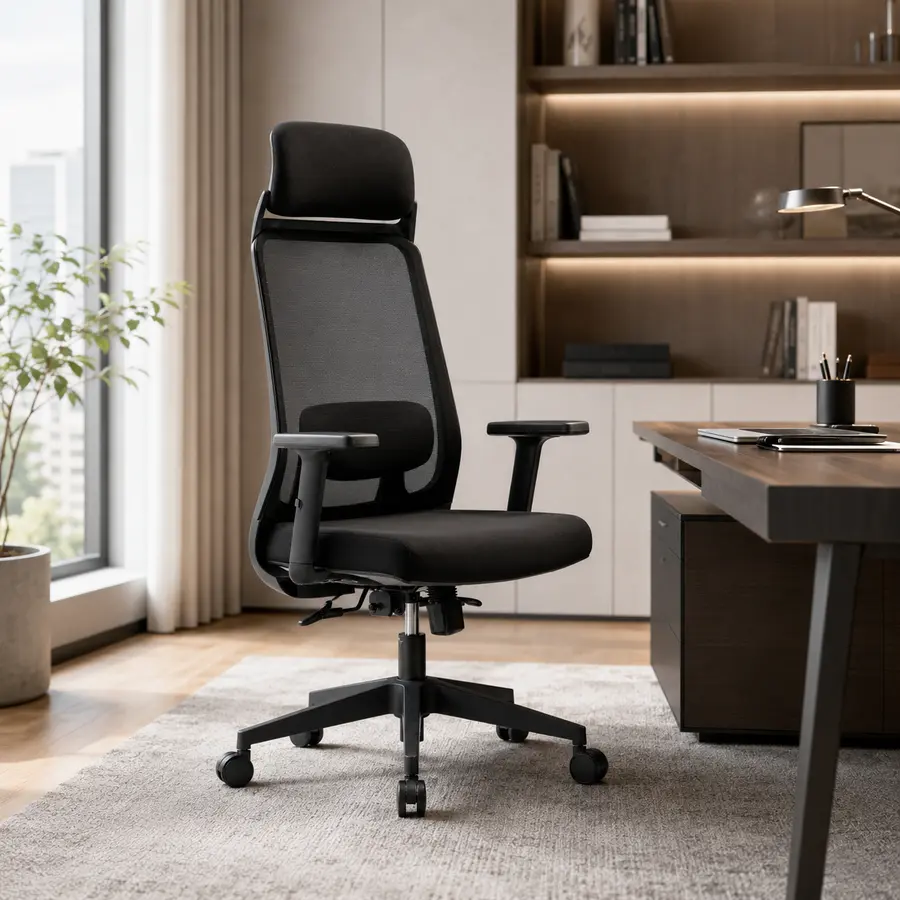 Silla ergonómica de oficina Galia Syncro con cabecero en oficina moderna