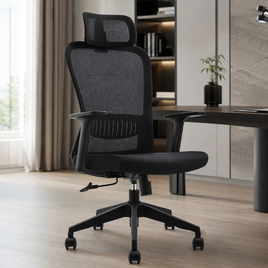 Silla home office Gloria de malla con cabecero en oficina moderna